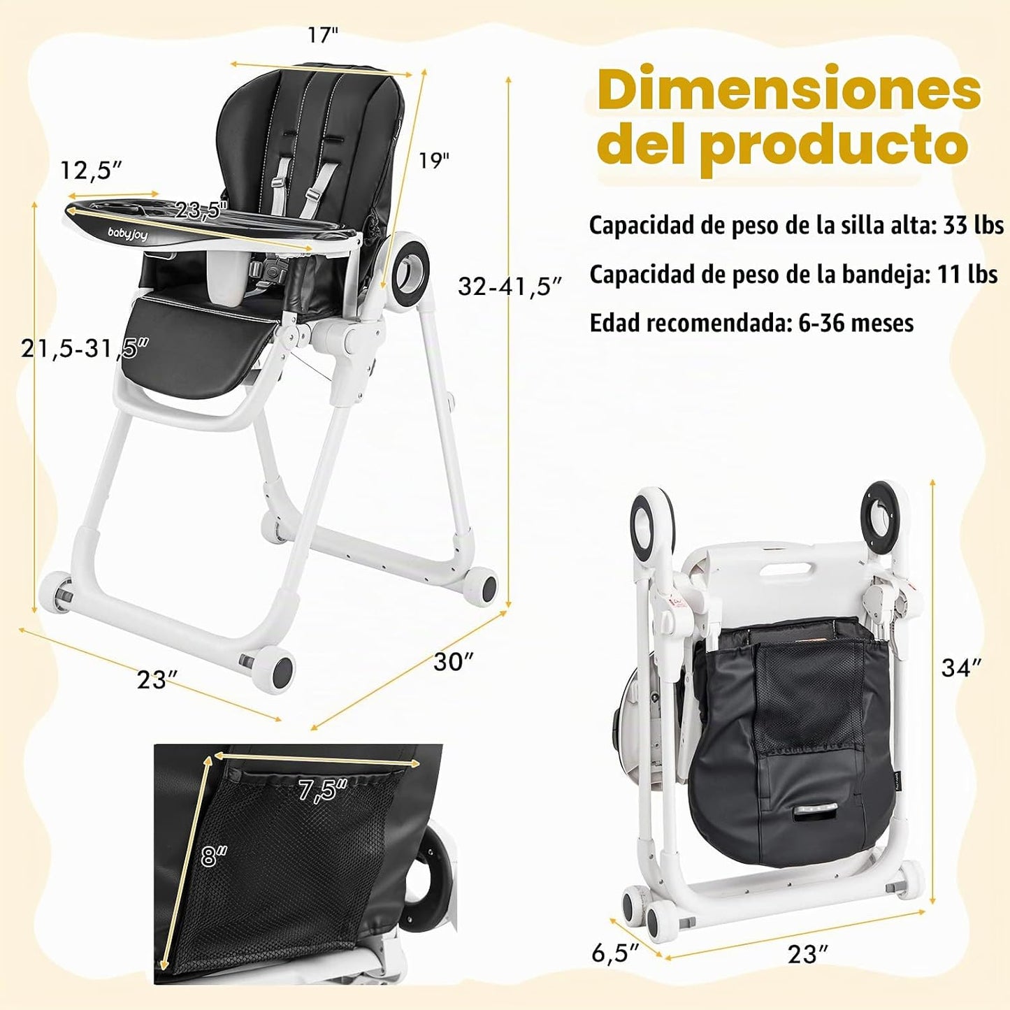 BABY JOY Silla alta para bebés y niños pequeños, silla alta plegabl...