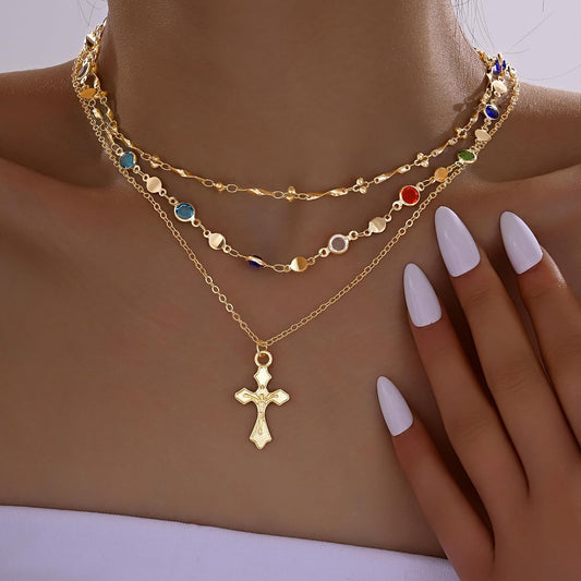 4 piezas de collares de cruz dorados en capas para mujer, modernos,...
