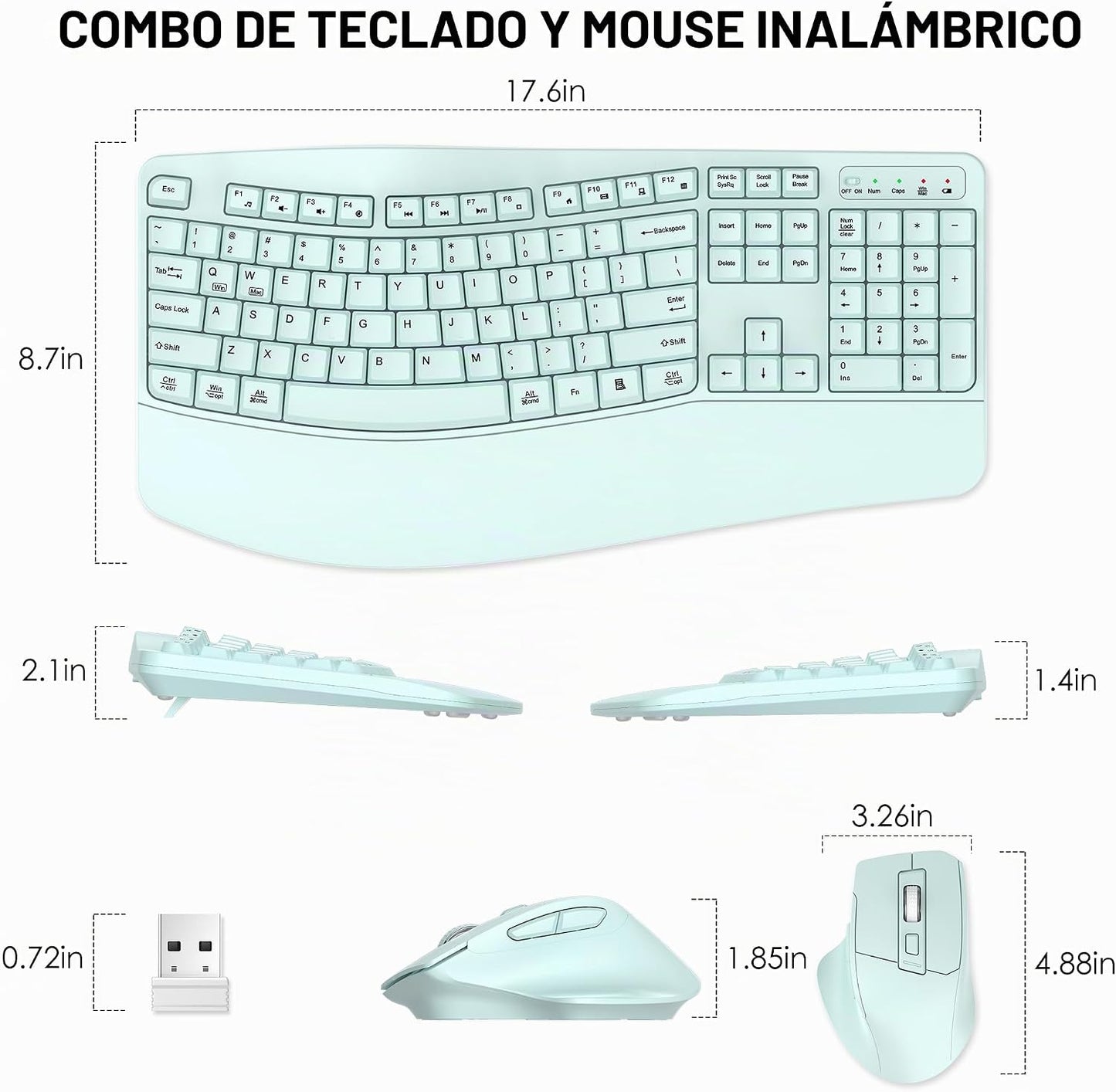 Combo de teclado y mouse inalámbricos, teclas onduladas de tamaño c...