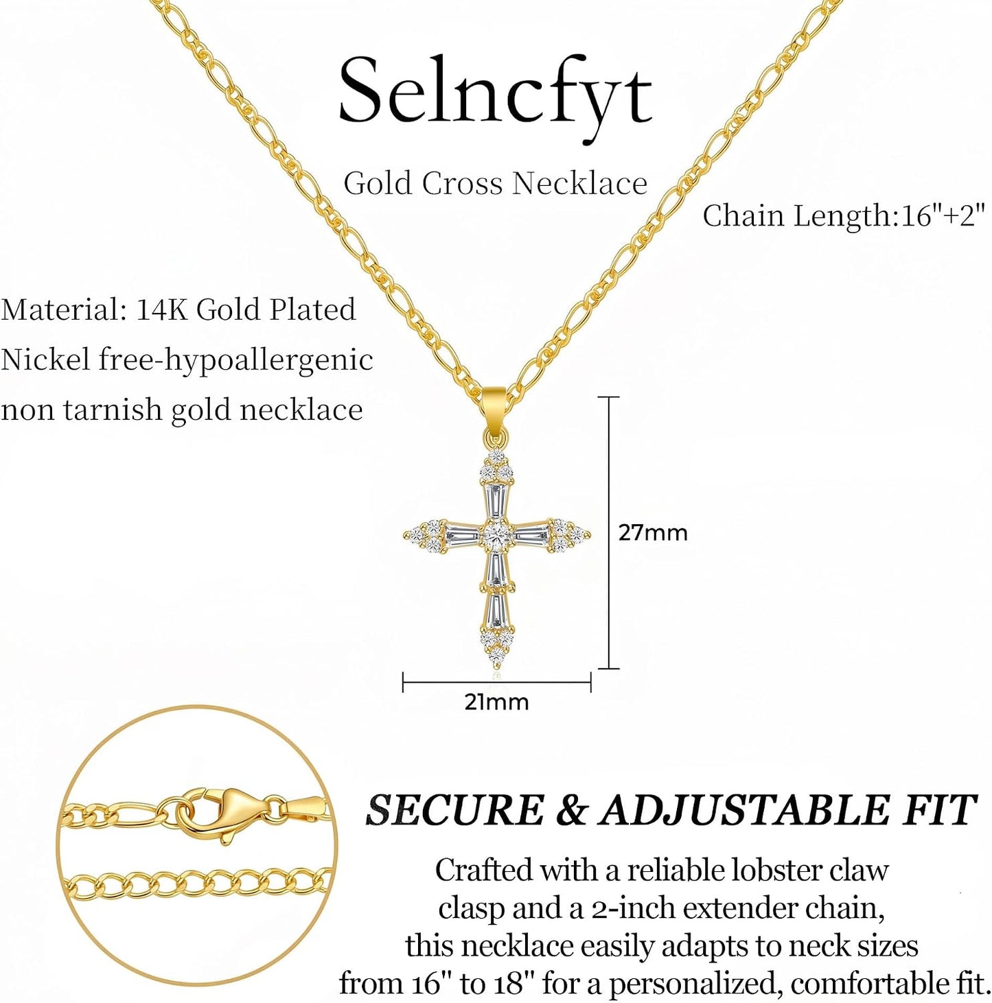 Selncfyt Collar de cruz para mujer, chapado en oro de 14 quilates,...