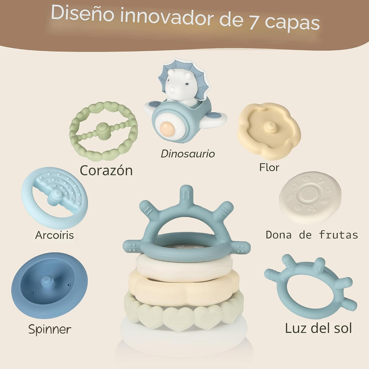 Moonkie Juguetes apilables de dinosaurio para bebés, anillos de sil...