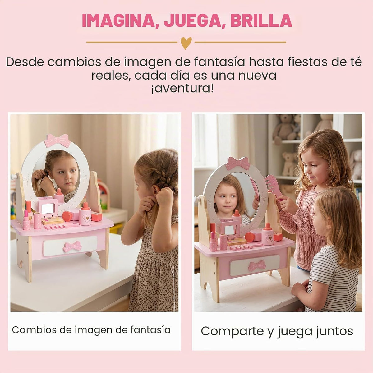 Juego de tocador de madera para niños, mesa de tocador de maquillaj...