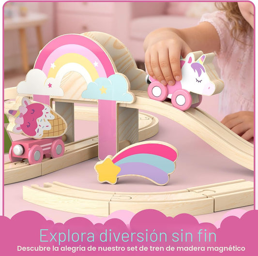 Lehoo Castle Juego de tren de madera para niñas, juego de tren de u...