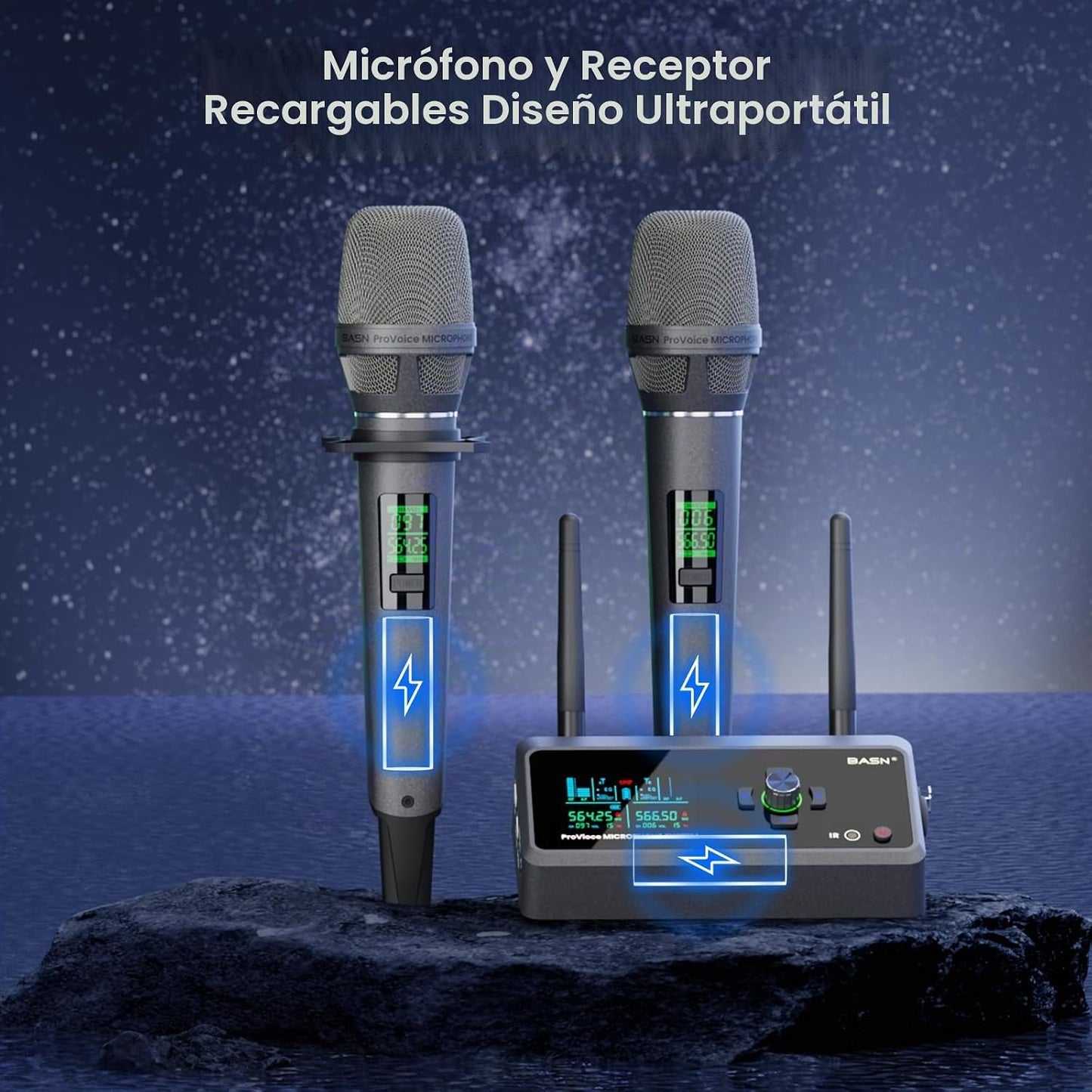 BASN Sistema de micrófono dual inalámbrico UHF recargable, micrófon...