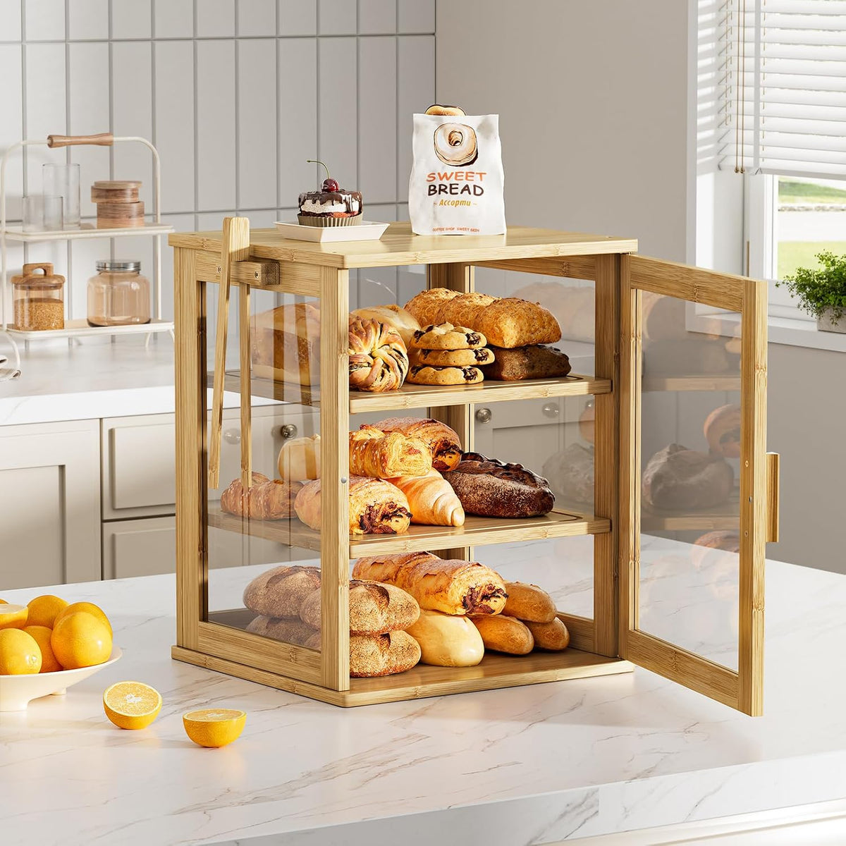WOWLIVE Panera de bambú para encimera de cocina, contenedor grande...