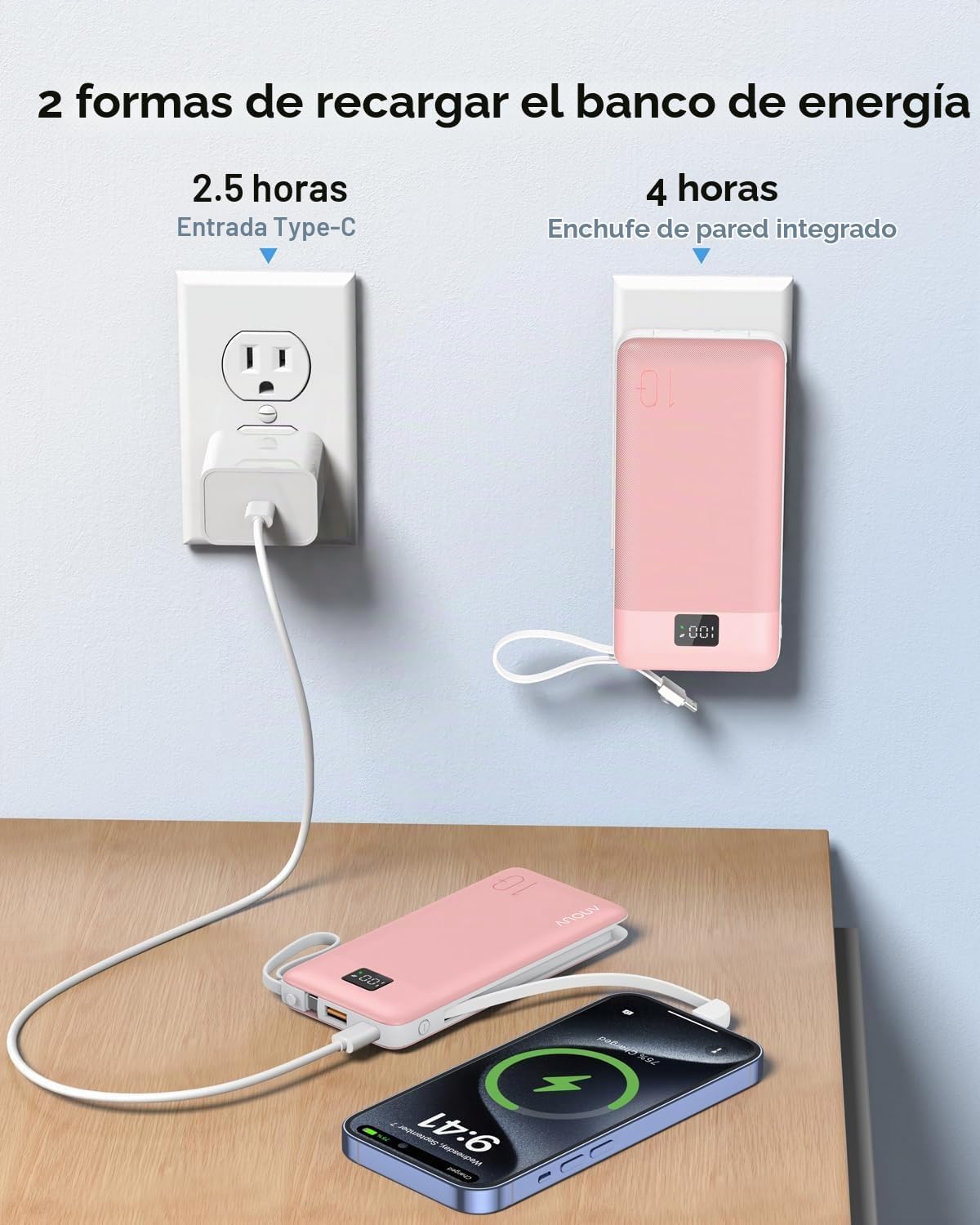 Cargador portátil con cables integrados y enchufe de pared de CA, c...