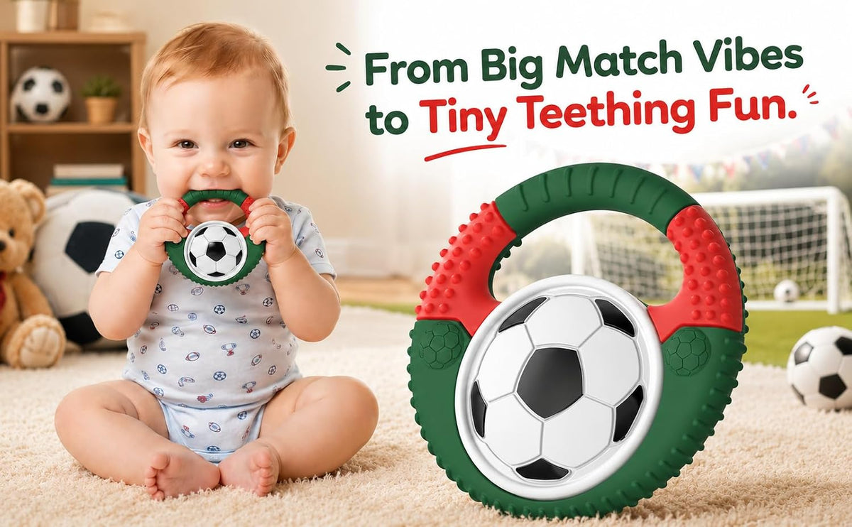 Juguetes de dentición de silicona para bebés con temática de fútbol...