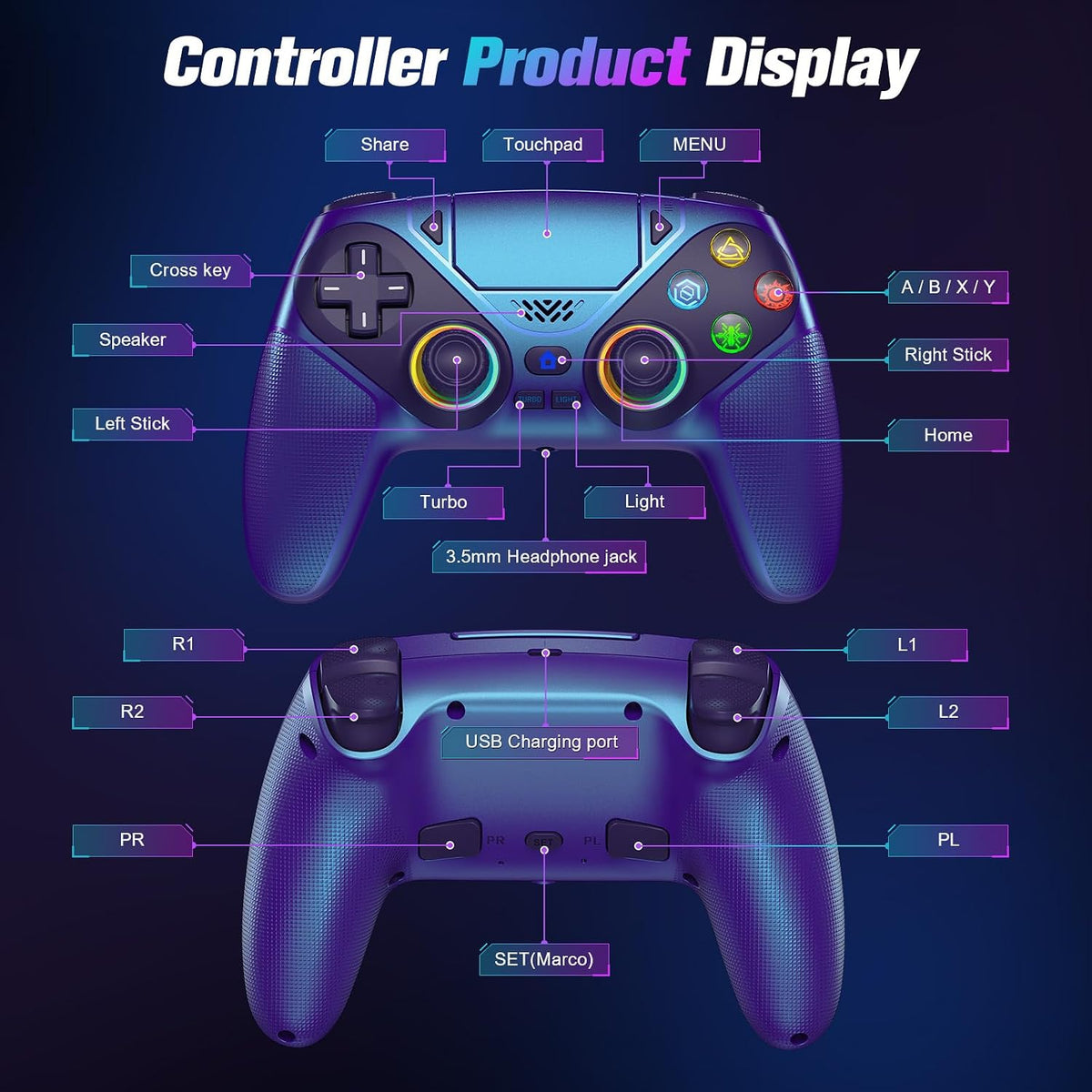 Controlador inalámbrico Dinosoo RGB para PS5\/PC \u2013 Gamepad Blu...