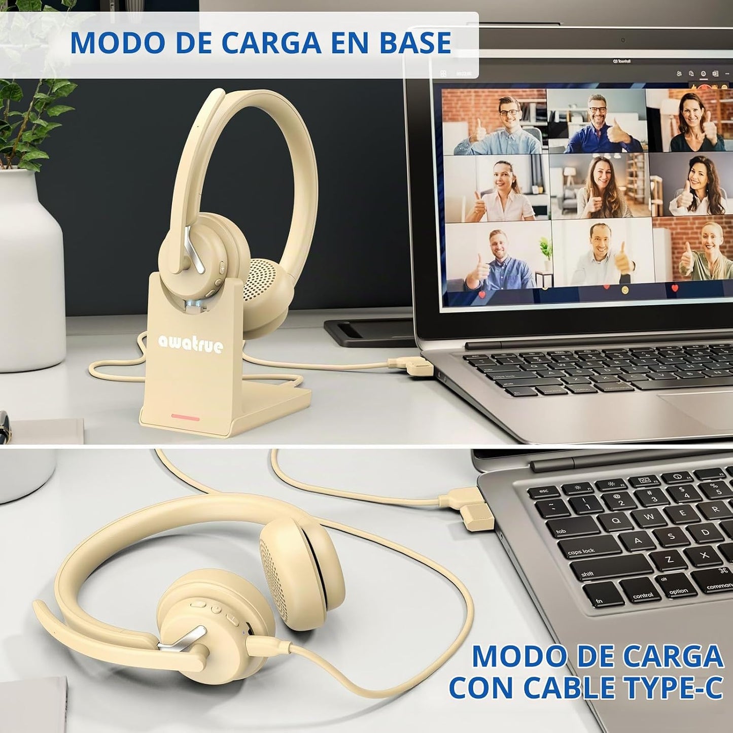 awatrue Auriculares inalámbricos con micrófono para trabajo, auricu...