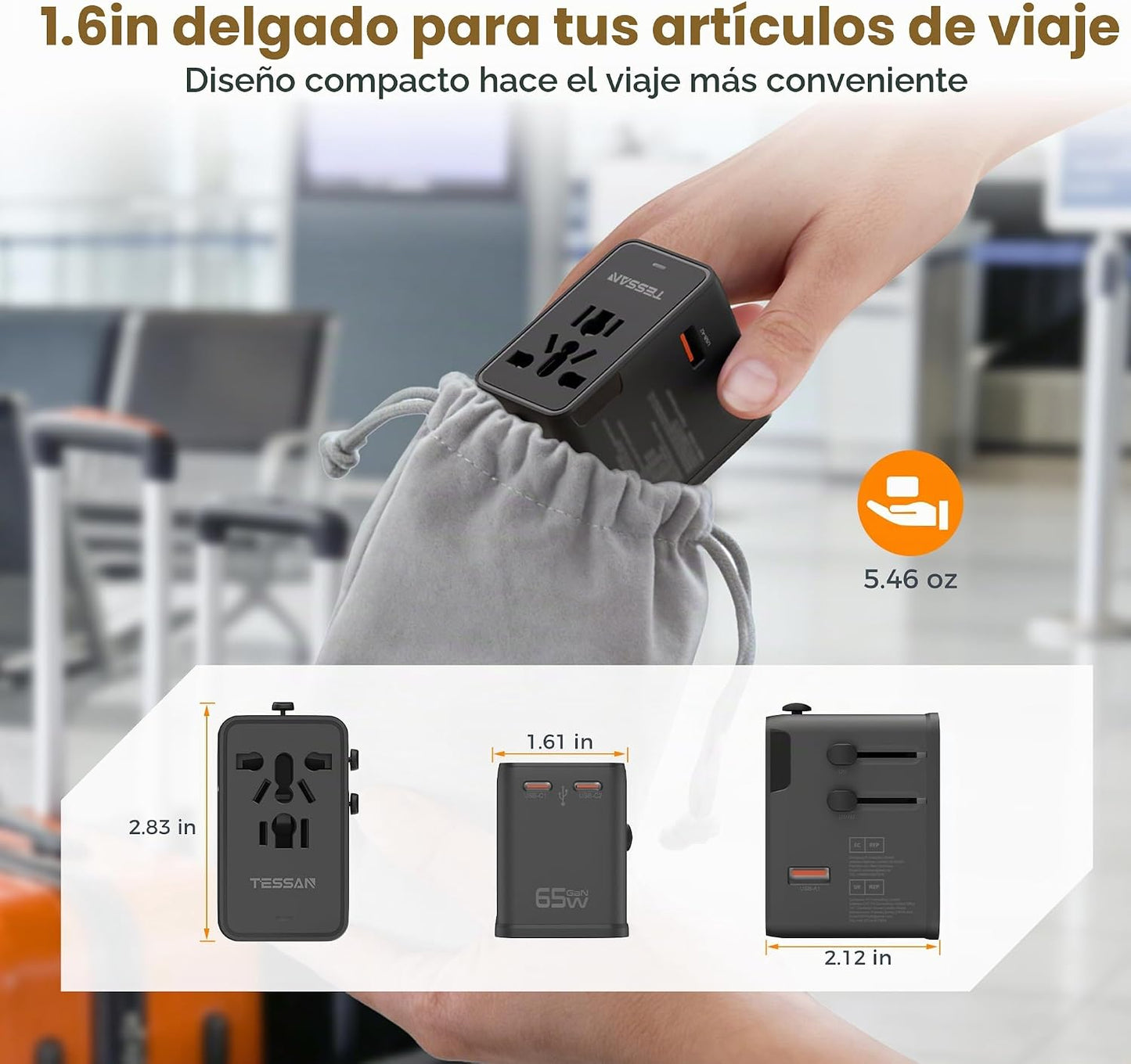 Adaptador de viaje universal TESSAN, adaptador de corriente interna...