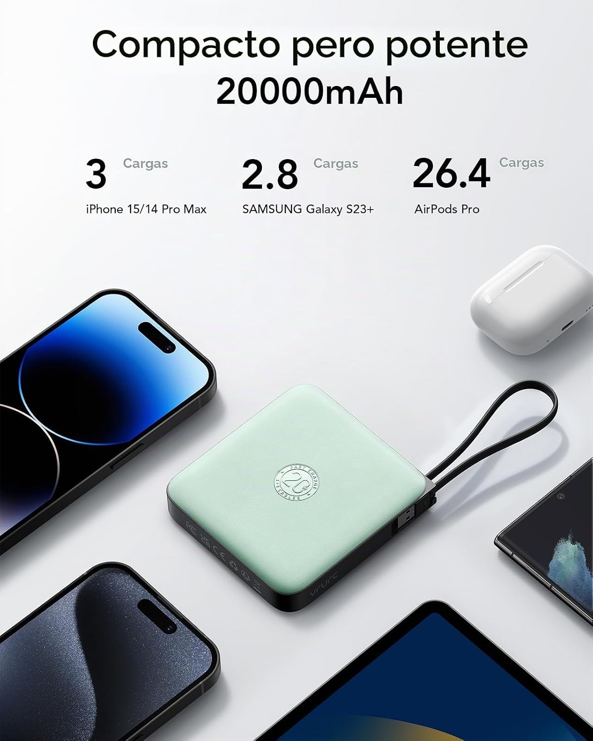 VRURC Banco de energía portátil con cables integrados, 20000mAh 22....
