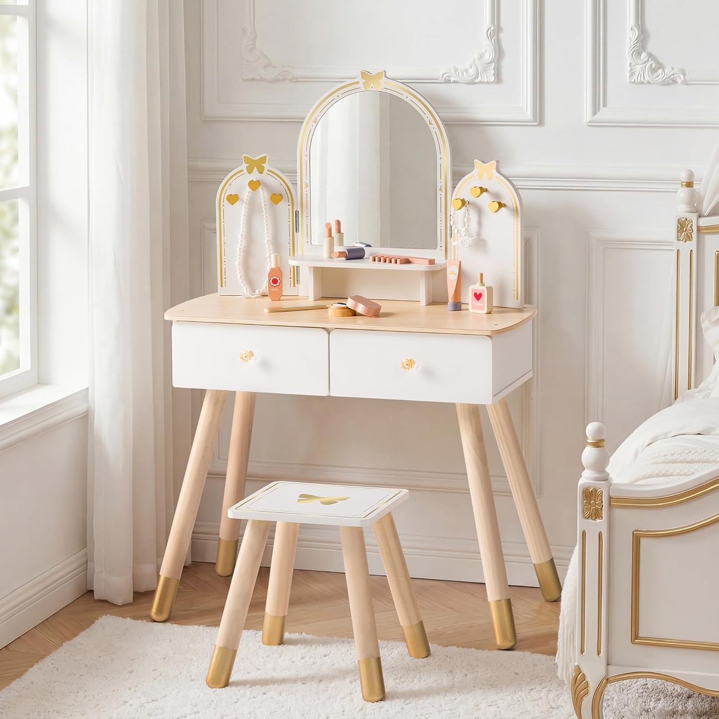 ROBUD Juego de mesa y silla para niños, juego de tocador para niñas...