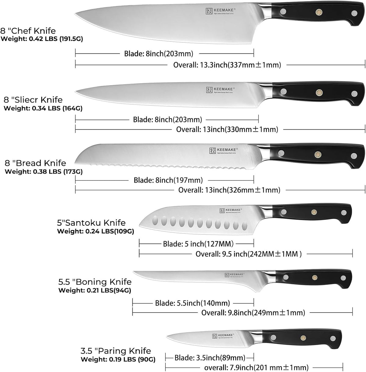 KEEMAKE Juego de cuchillos de chef, 6 piezas de cuchillos de cocina...