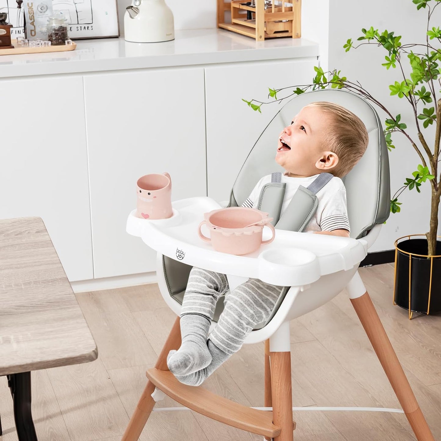 BABY JOY Silla alta para bebé, silla alta de madera para bebés y ni...