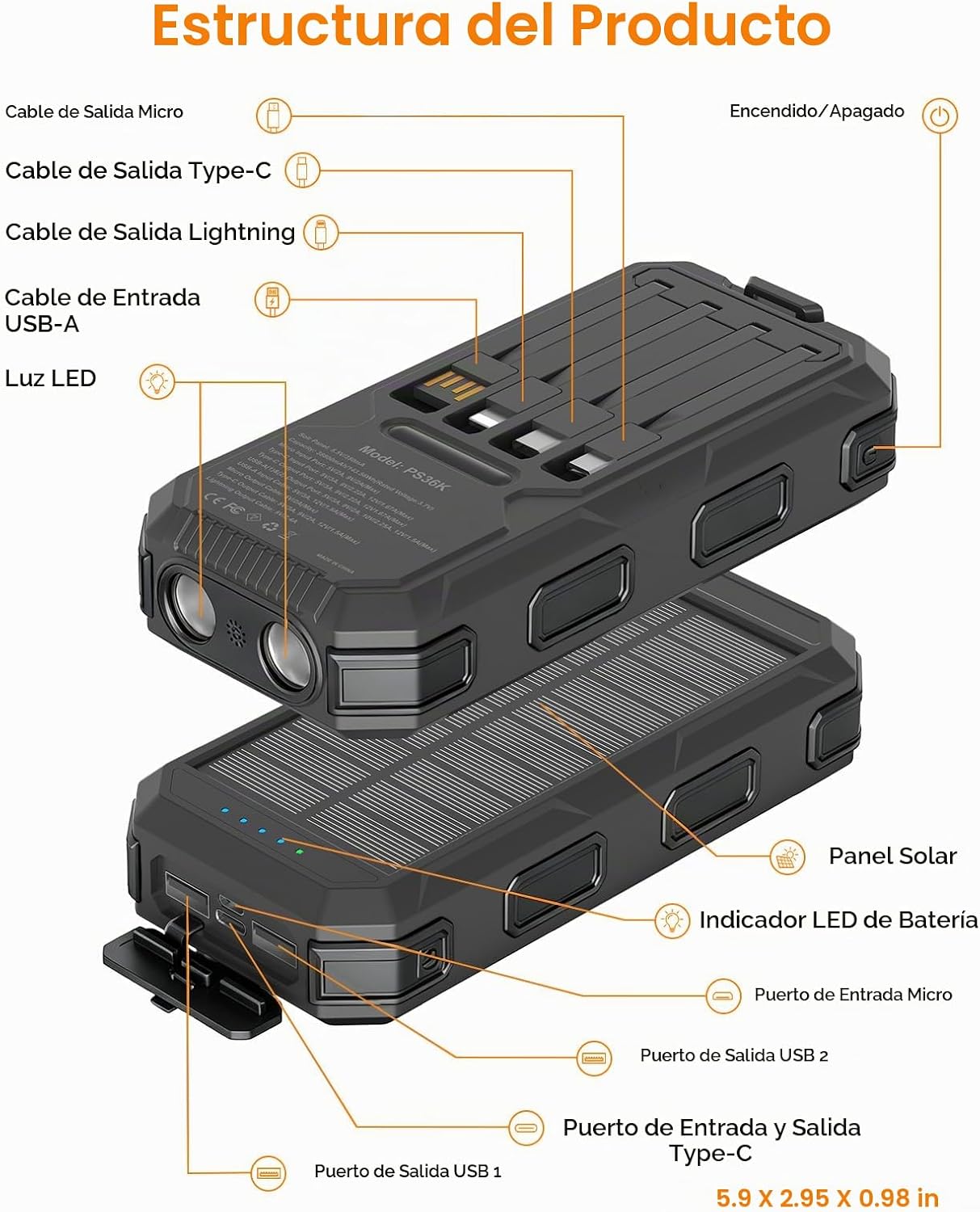 Cargador solar de 38800 mAh, cargador portátil de carga rápida USB-...