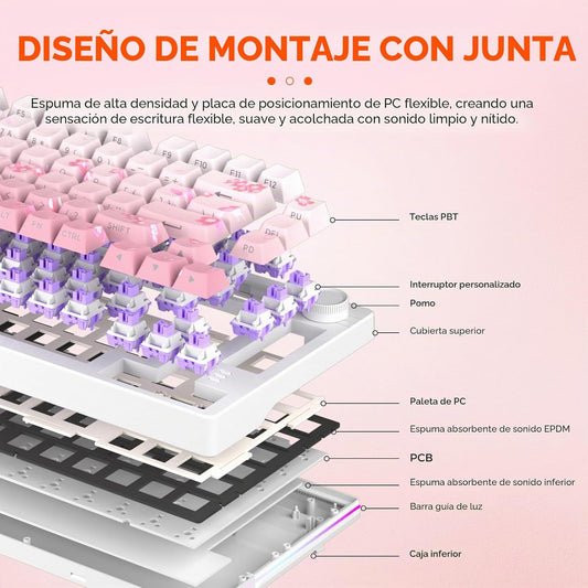 DAREU EK75PRO Sakura Rosa Teclado mecánico inalámbrico para juegos,...