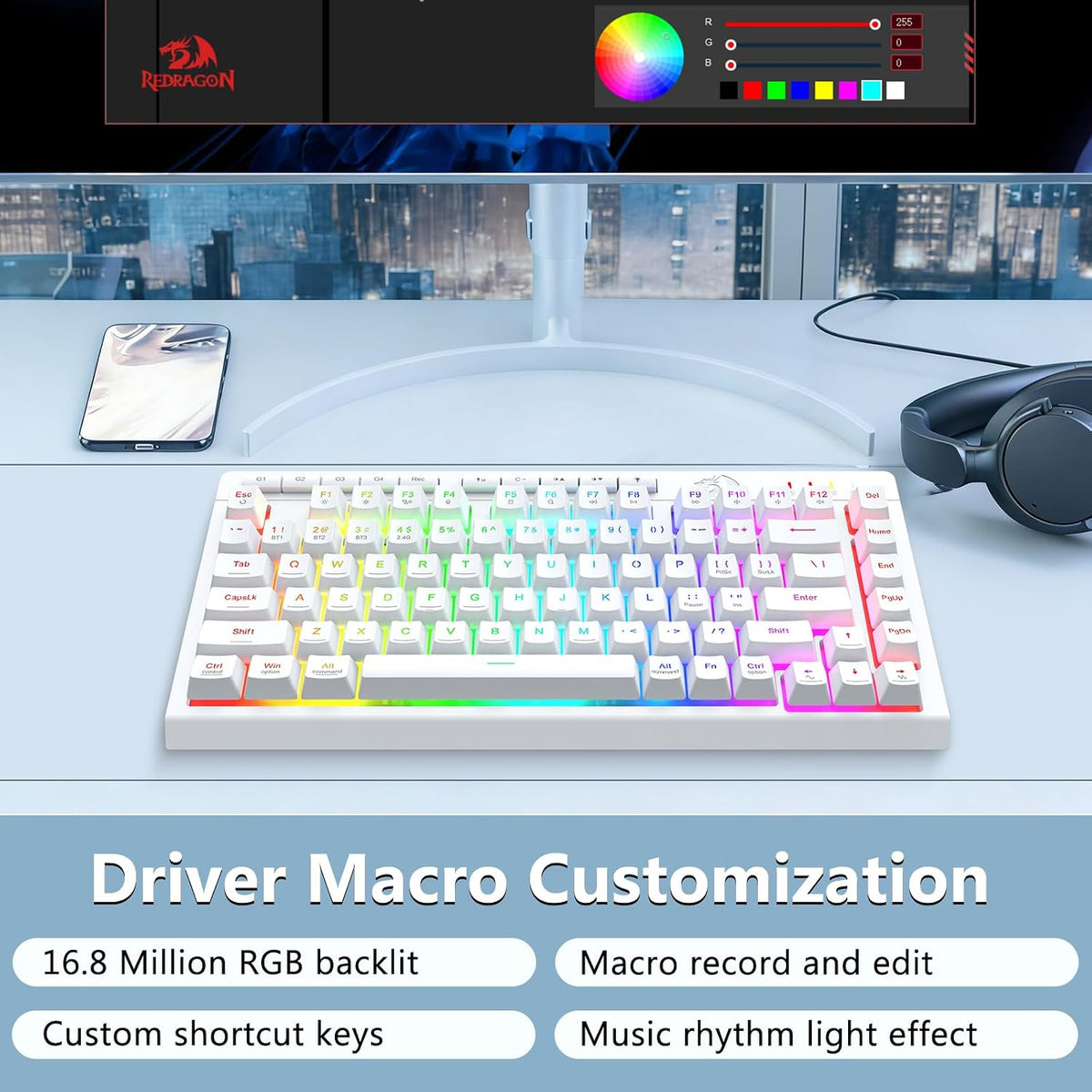 Redragon Teclado inalámbrico para juegos, Bluetooth\/2.4GHz\/USB-C...