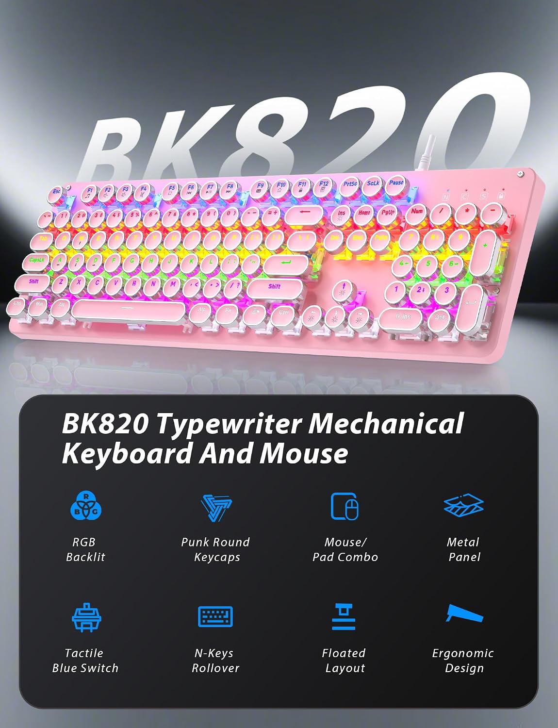 Bevewlpol Combo de teclado mecánico y mouse rosa para juegos, tecla...