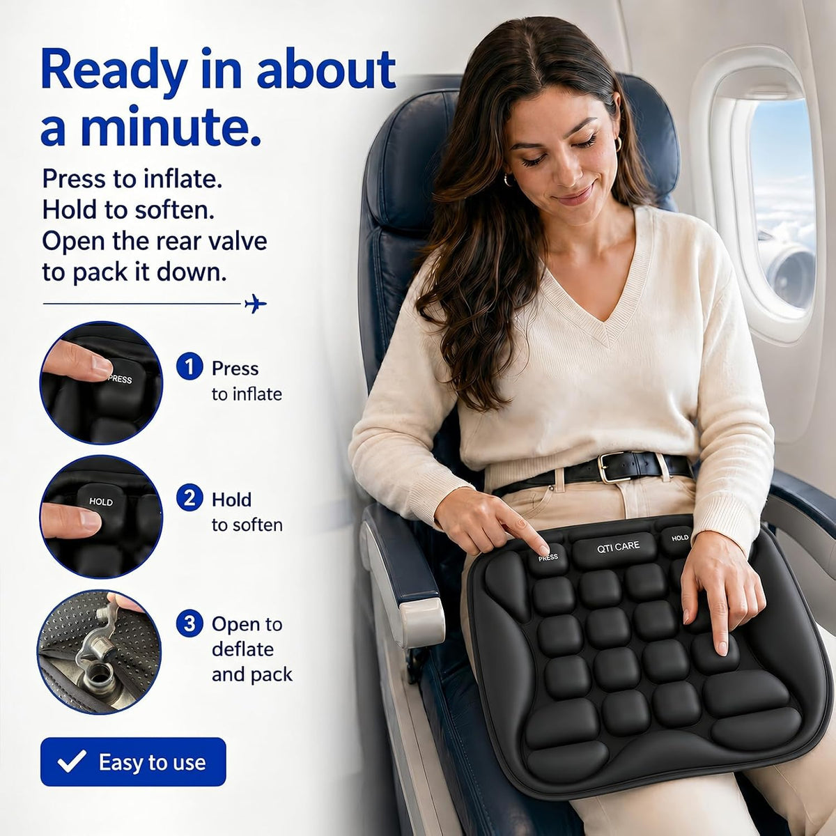 Qticare Cojín de asiento de avión, cojín de viaje con celda de aire...