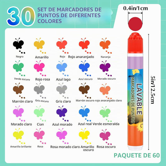 Crtiin Juego de 60 marcadores de puntos lavables, 30 colores surtid...