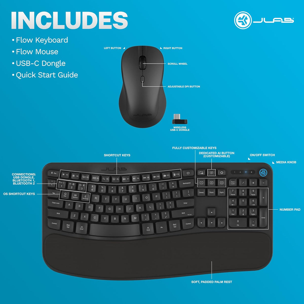 JLab Flow - Paquete de teclado y mouse, Bluetooth inalámbrico o USB...