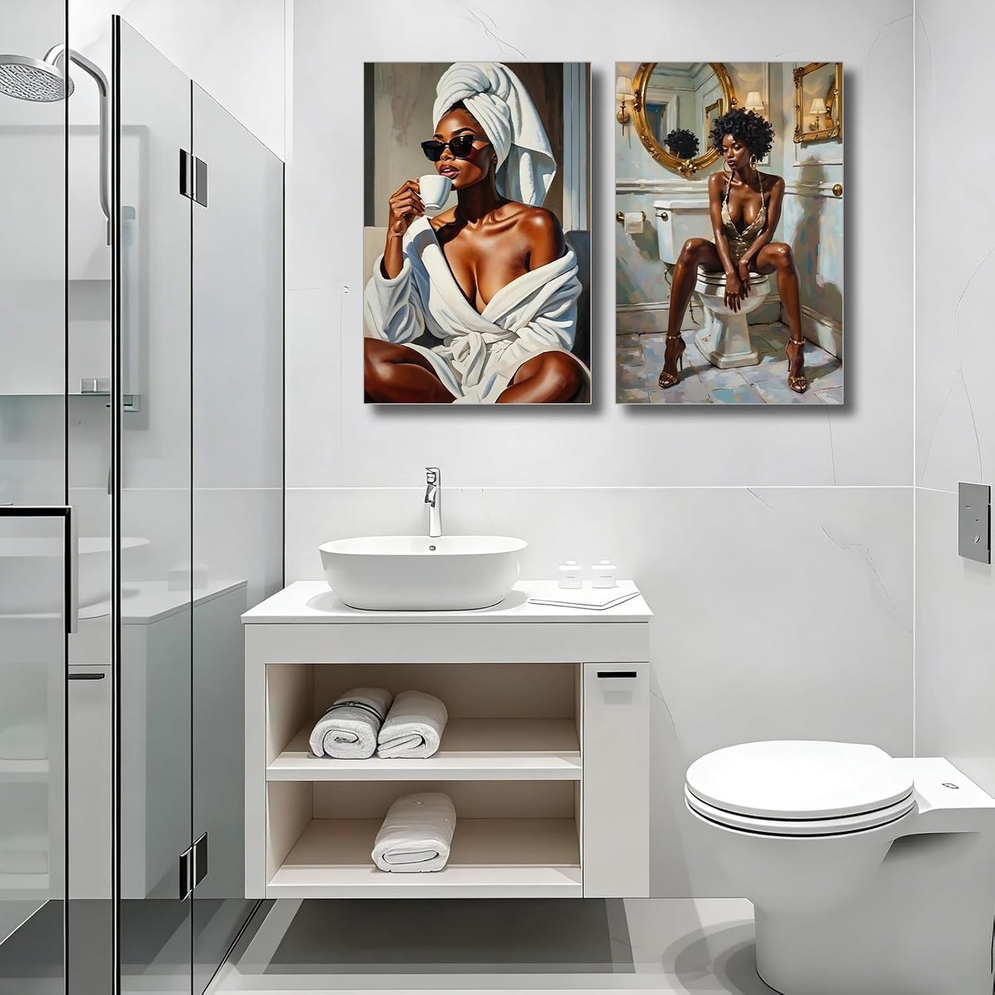 3 piezas de arte de pared de baño de niña negra, póster de pintura...