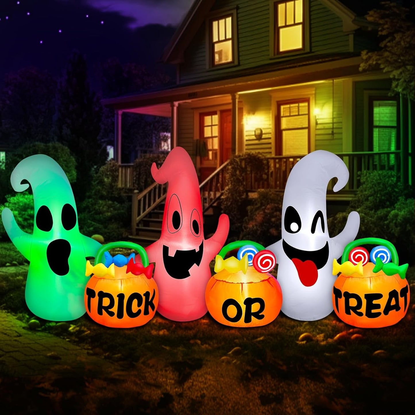 3 fantasmas inflables de Halloween de 8 pies de largo con decoració...