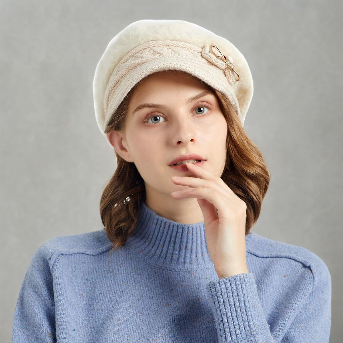 Surblue Sombrero de punto para mujer, boina, gorra de ala ancha con...