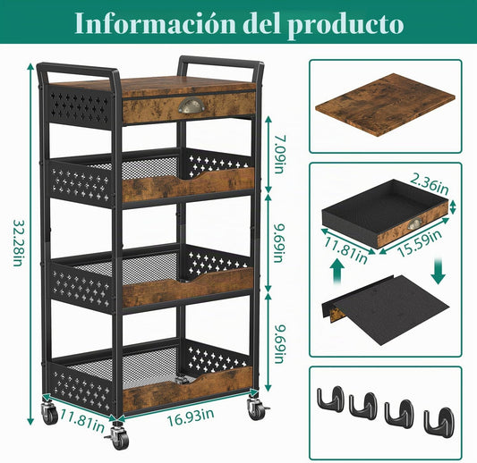Giwil Carrito de almacenamiento rodante de 4 niveles con cajón, peq...