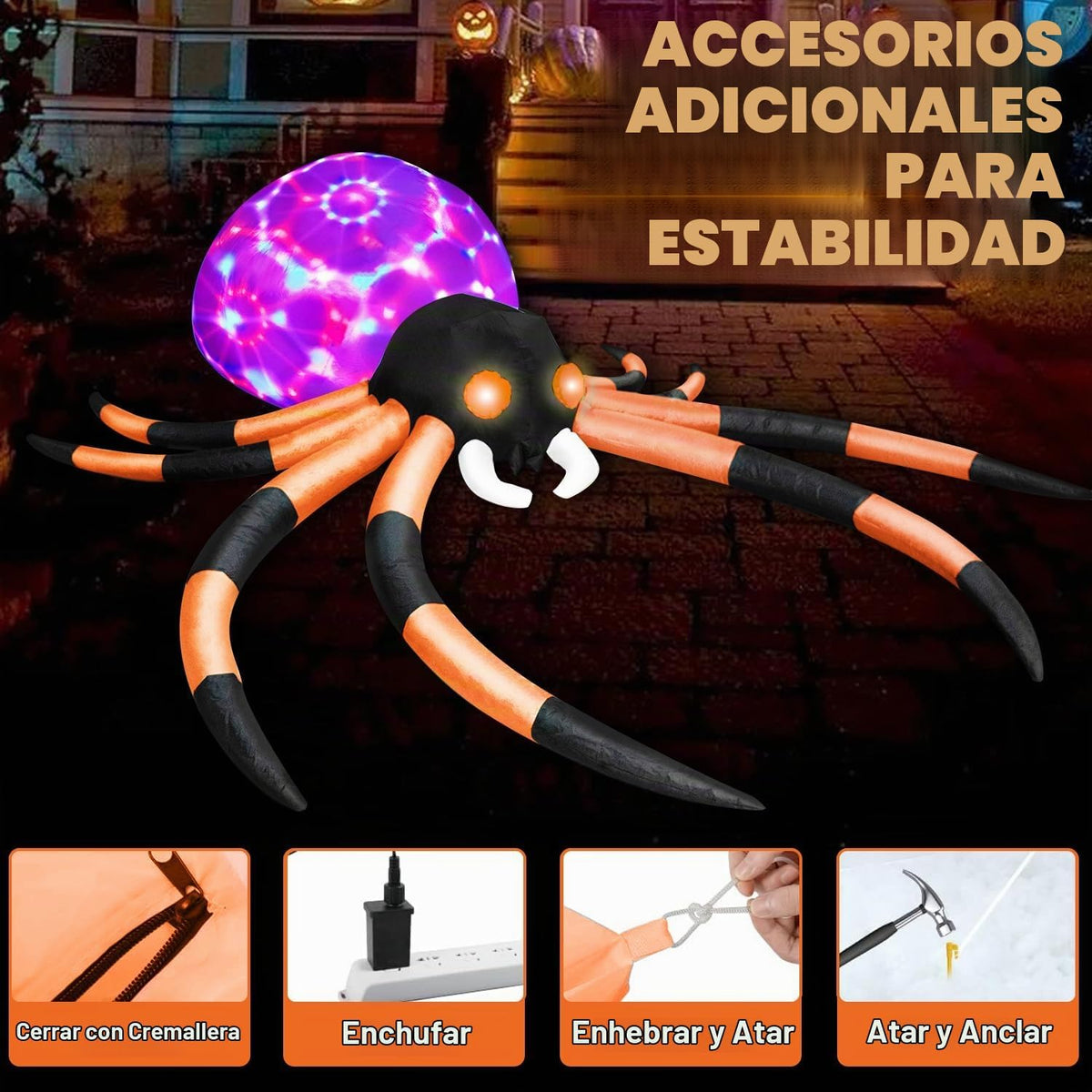 zukakii Araña inflable de Halloween de 12 pies con luces LED cambia...