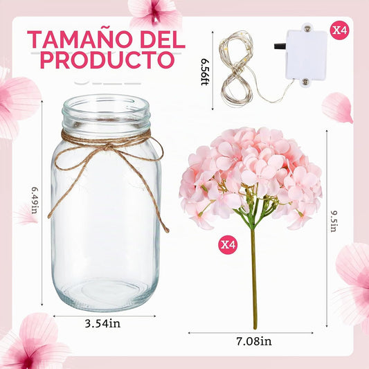 Juinte Juego de 4 Frascos Mason con Luces Hortensias Rosadas Centro...