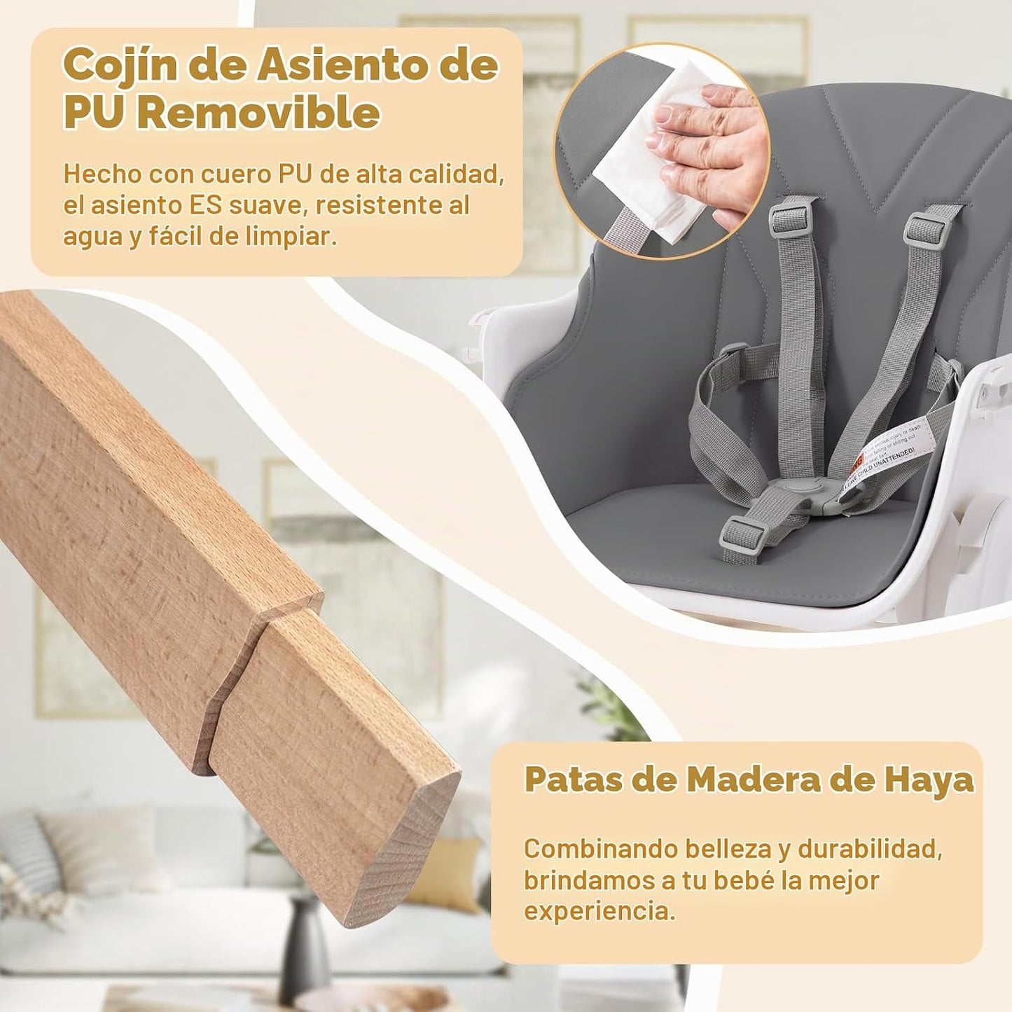 Silla alta para bebé, silla alta convertible de madera 4 en 1 para...
