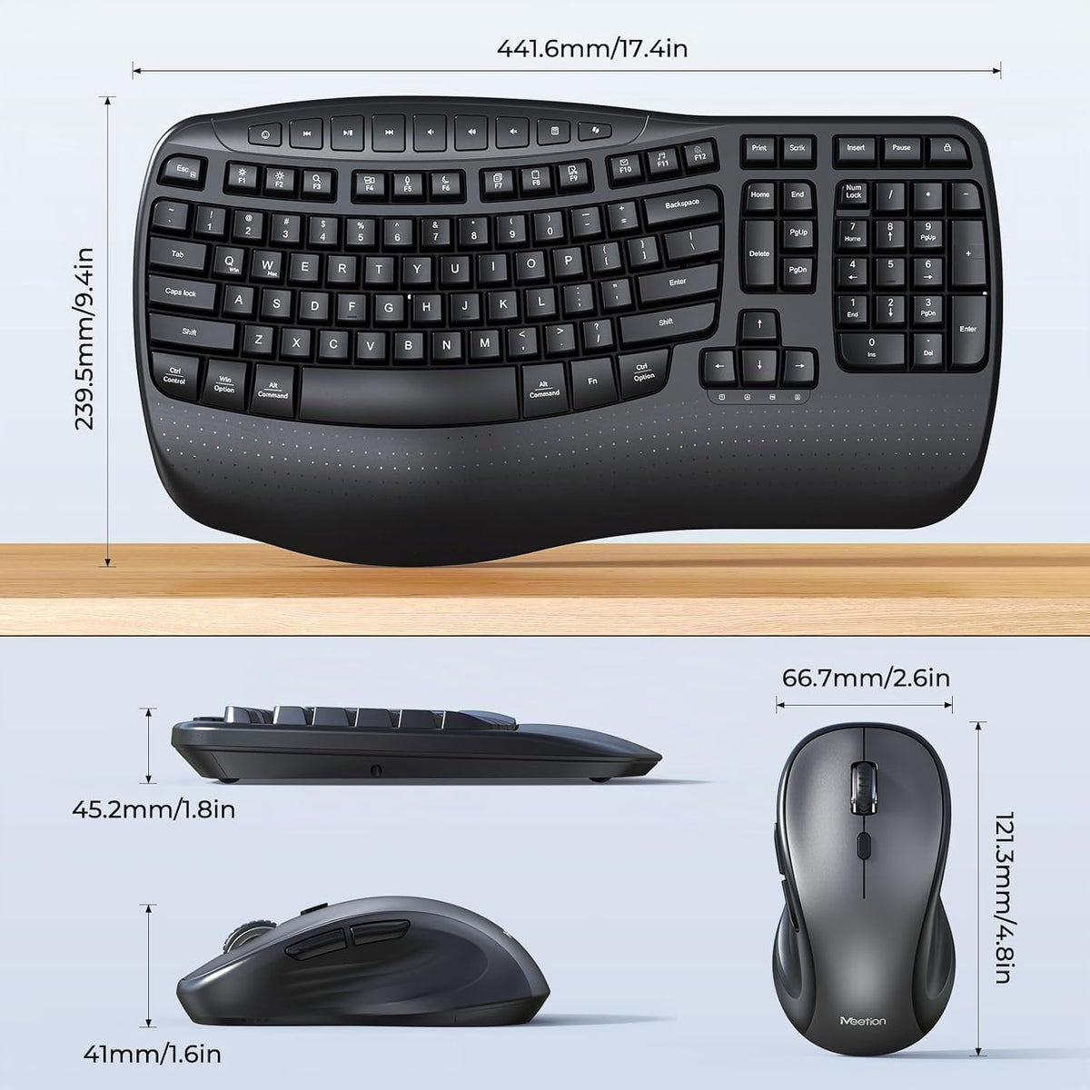 MEETION Combo ergonómico de teclado y mouse inalámbricos con teclas...