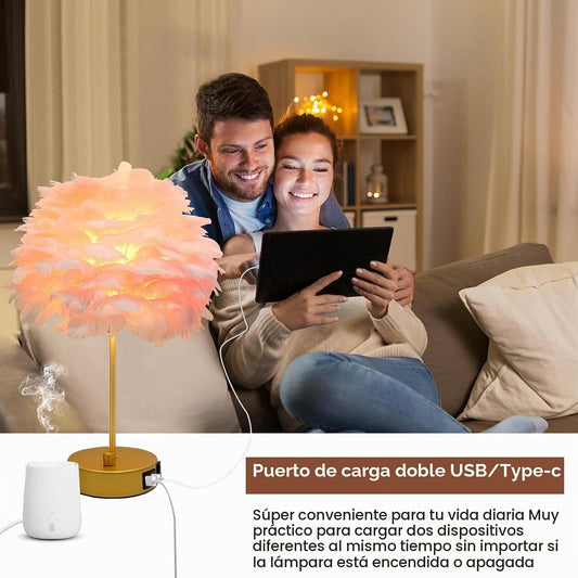 ZYLEIESENBAO Lámpara de mesa con cargador USB de plumas rosas, lámp...