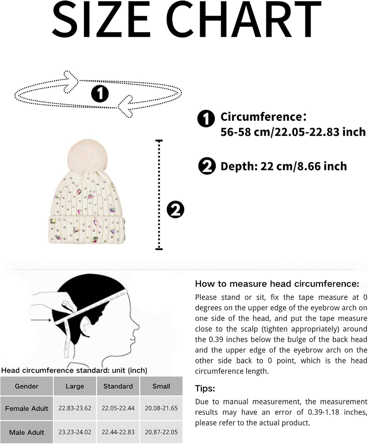 Julpsk Gorro de punto de invierno con diamantes de imitación brilla...