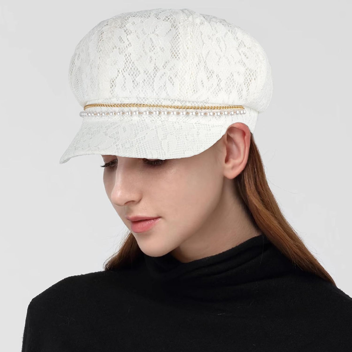 Mujer Cadena de Perlas Encaje Mezcla de Algodón Gorra Newsboy Viser...