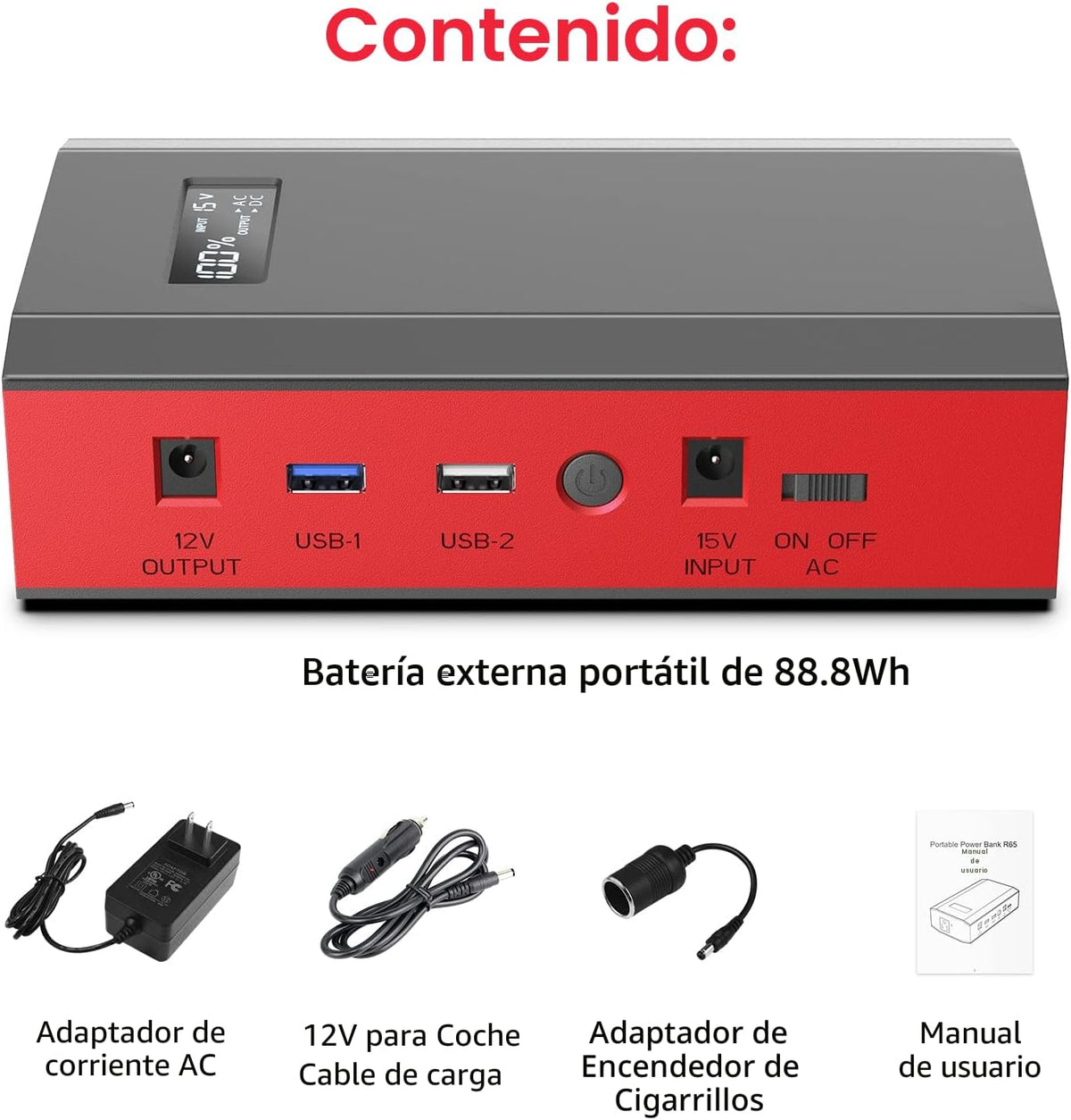 Banco de energía portátil con salida de CA, 65W 110V cargador portá...