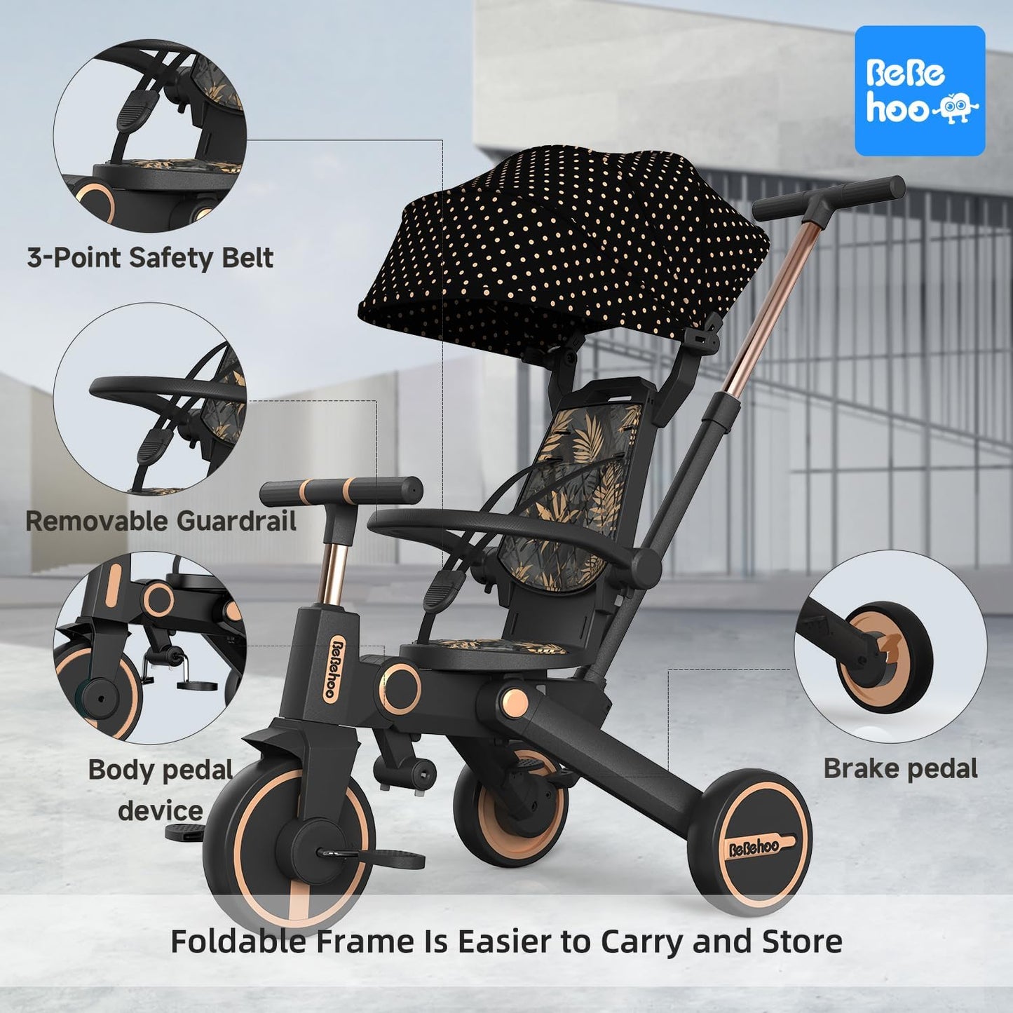 Bebehoo Cochecito de triciclo para niños pequeños, triciclo plegabl...