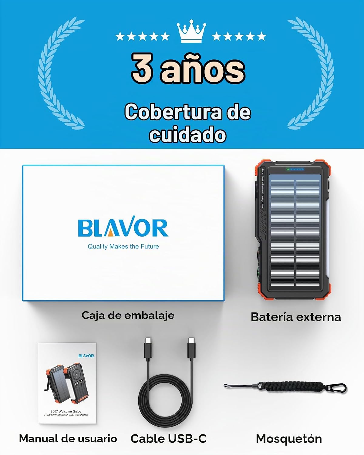 BLAVOR Batería solar con manivela manual y 4 cables, cargador inalá...