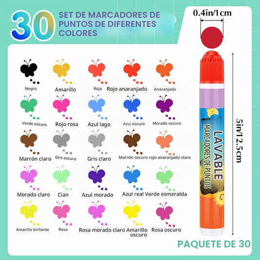 Crtiin Juego de 30 marcadores de puntos lavables, 30 colores surtid...