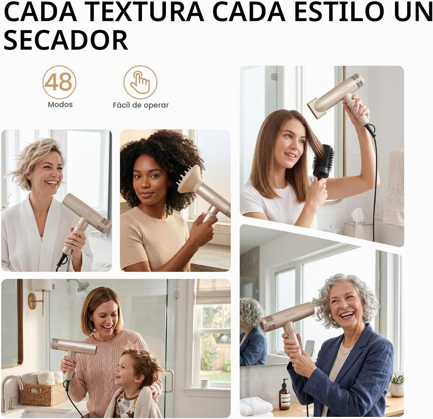 CrazyMar Secador de pelo iónico con difusor, secador de pelo de sal...