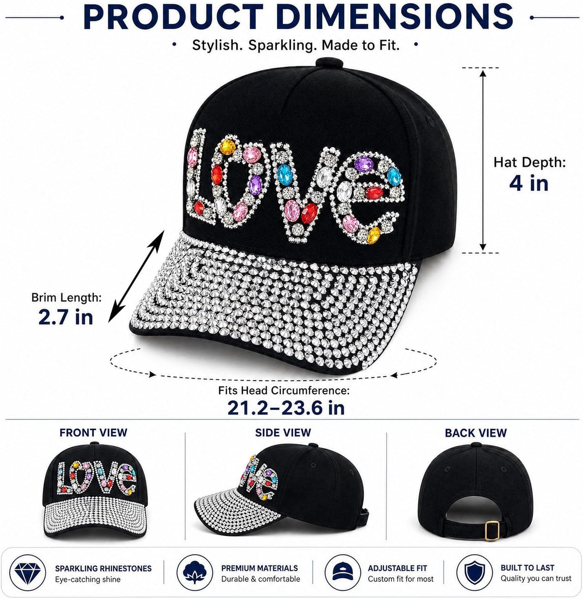 Gorra de béisbol brillante con diamantes de imitación, malla ajusta...