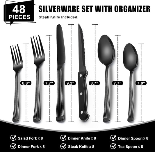 Juego de cubiertos negros de 49 piezas con organizador, cubiertos n...
