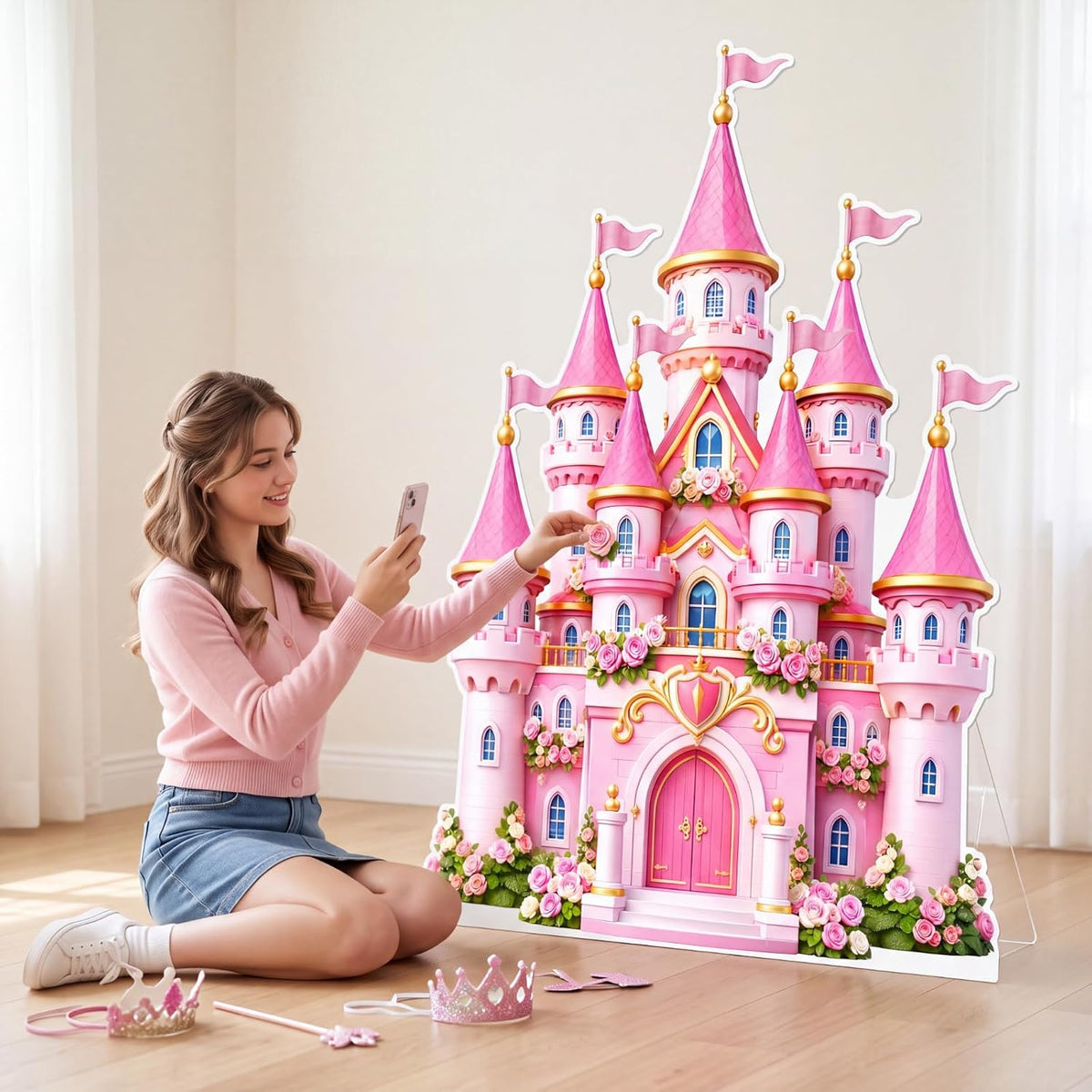 Qunclay Castillo de princesa rosa de 4.5 pies con corte de cartón,...