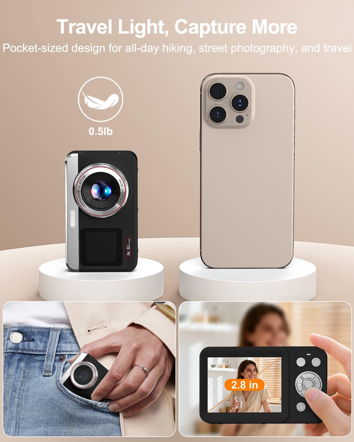 Hoorola Cámara digital, pantalla dual 5K 80MP, enfoque automático p...
