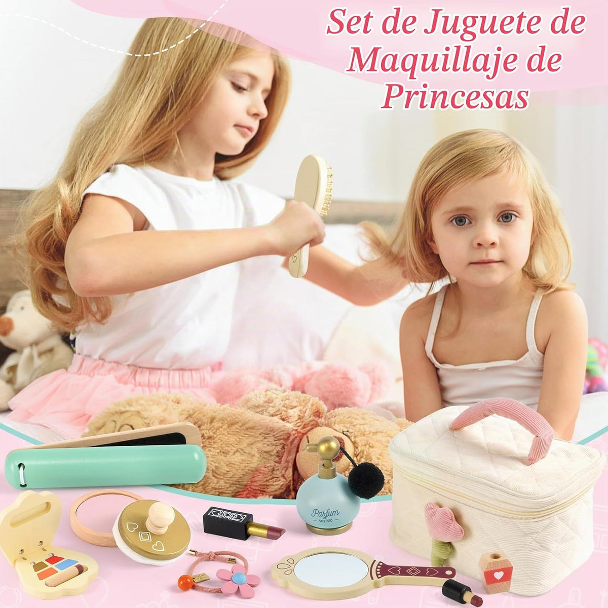 Atoylink Juego de maquillaje de madera, 15 piezas, juguetes de pelu...