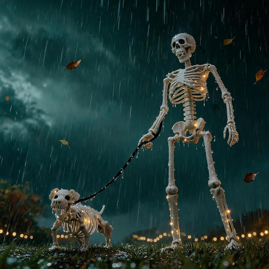 Decoraciones iluminadas de Halloween de esqueleto humano y perro pa...