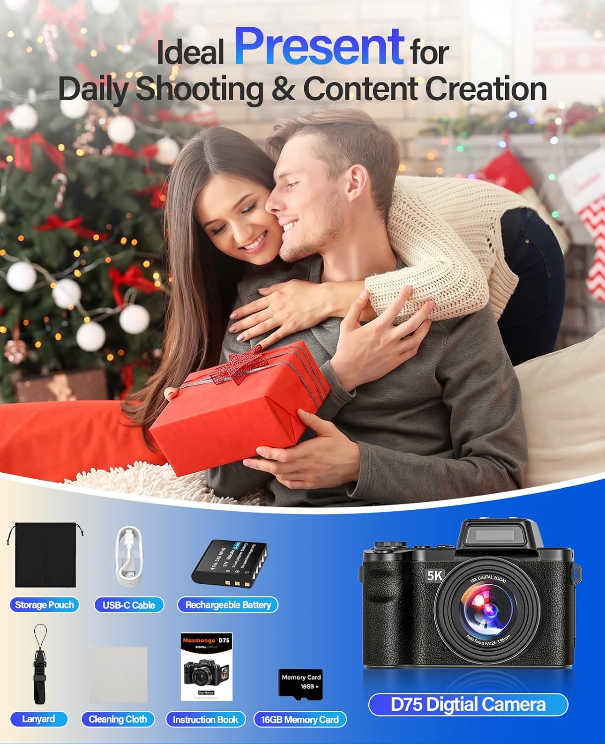 Maxmango Cámara digital D75 para fotografía - Cámara de vlogging Wi...