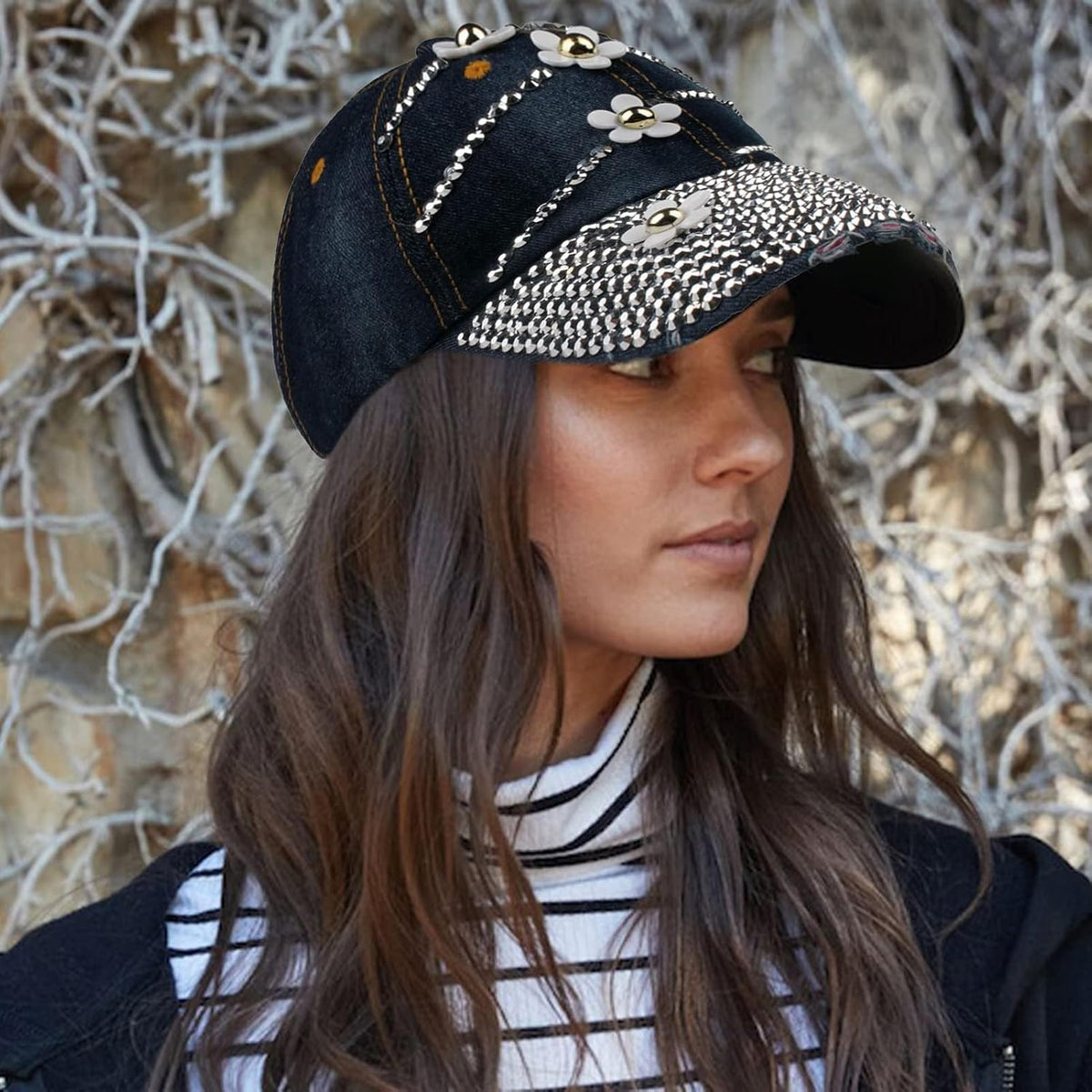 LUCKYBUNNY Gorra de béisbol con flor para mujer, estilo vintage, aj...