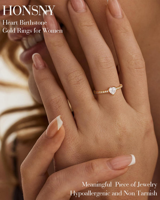 Honsny Anillos de oro con piedra natal de corazón para mujer, no se...